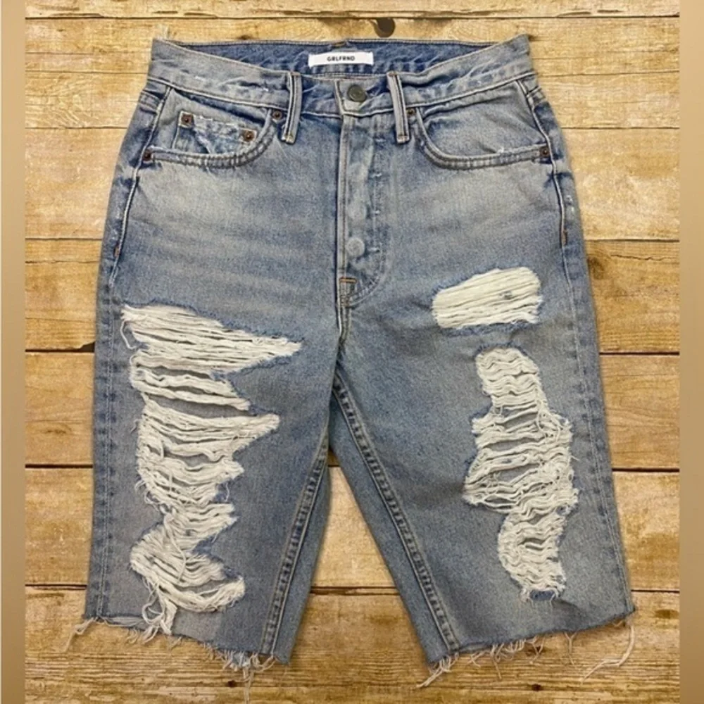 NWT GRLFRND Beverly High Rise No-Stretch Denim Long Biker Shorts (Faded Blue,25)